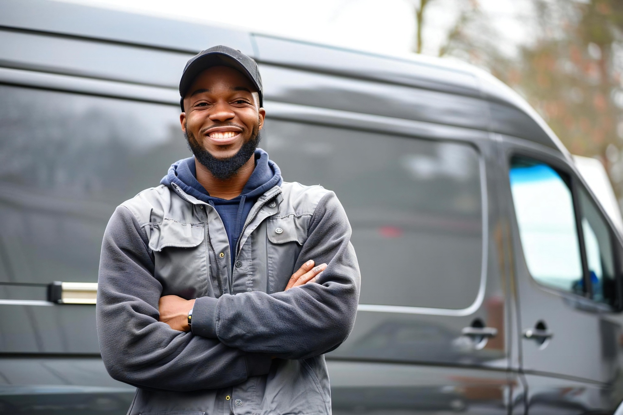 Independent service business owner standing beside a work van