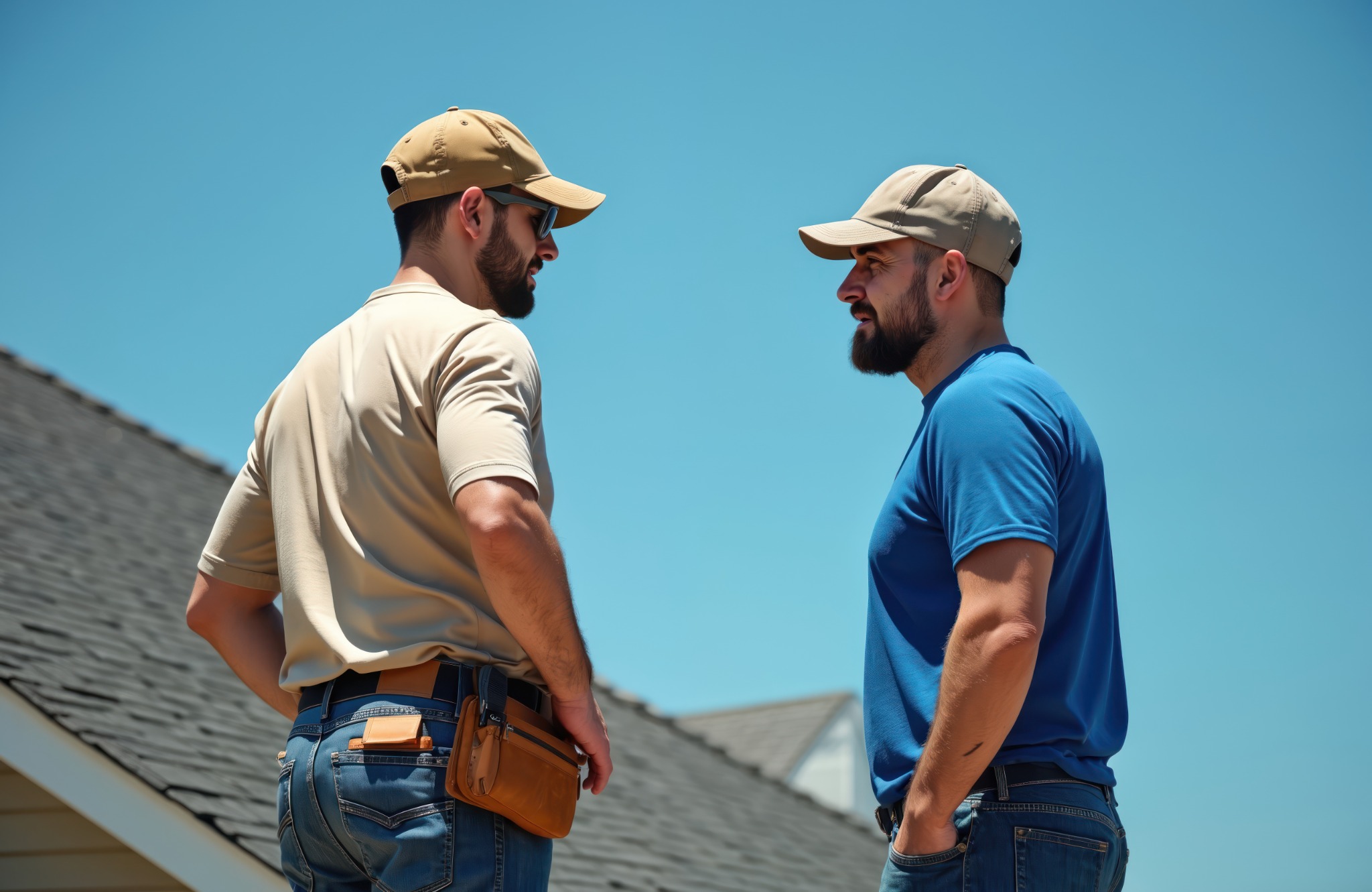 Two contractors discussing a residential roofing project