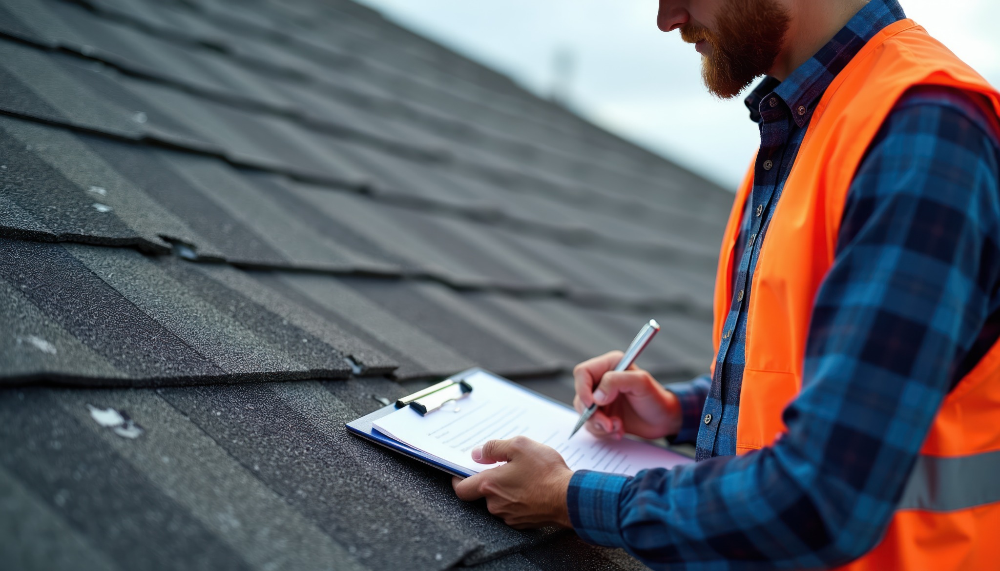 Professional inspecting asphalt shingles and documenting the roof assessment