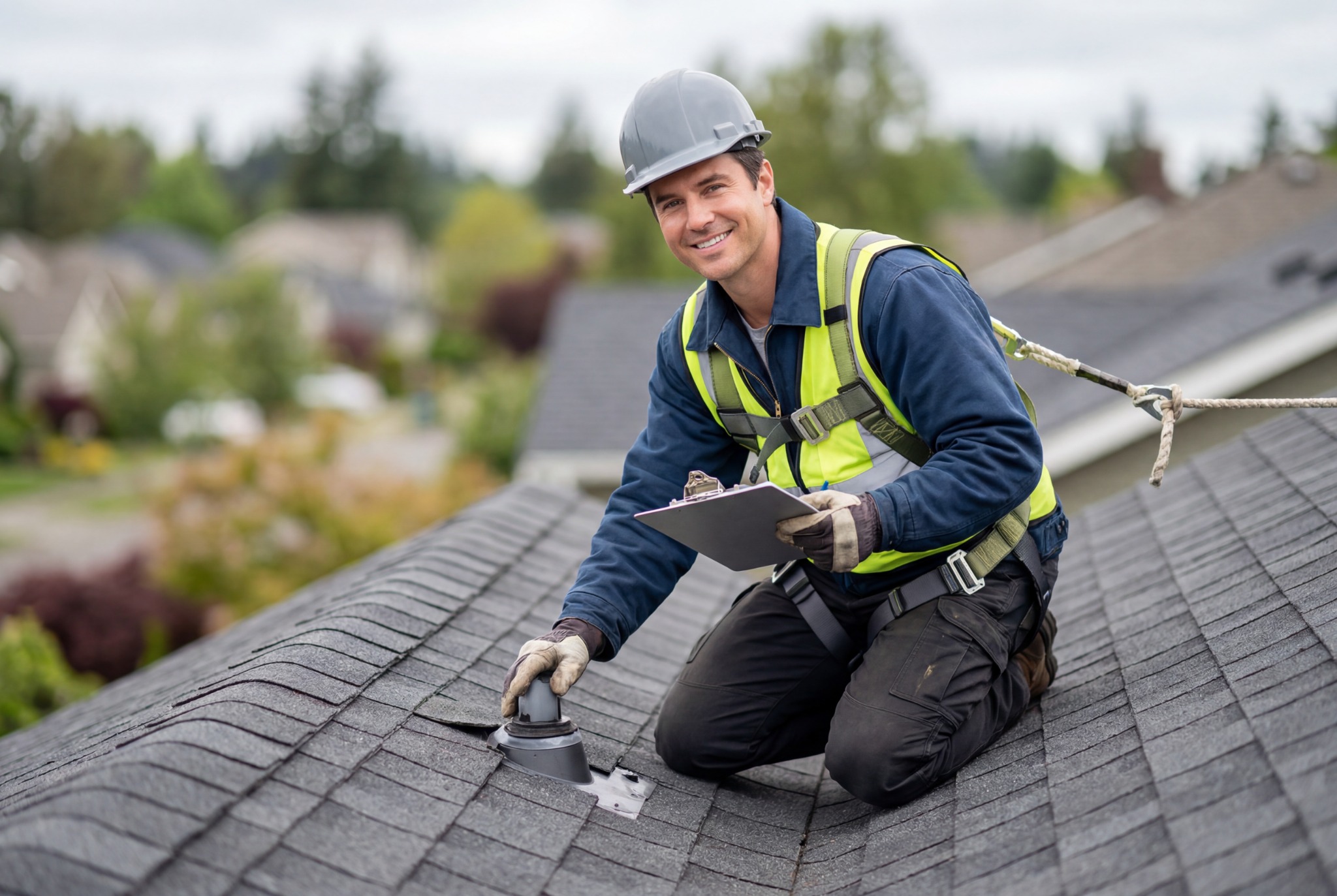 Roof professional using fall protection while inspecting asphalt shingles